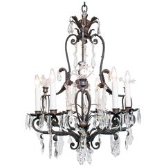 Antique Cast Iron and Crystal SIx-Light Chandelier, circa 1920, Probably France