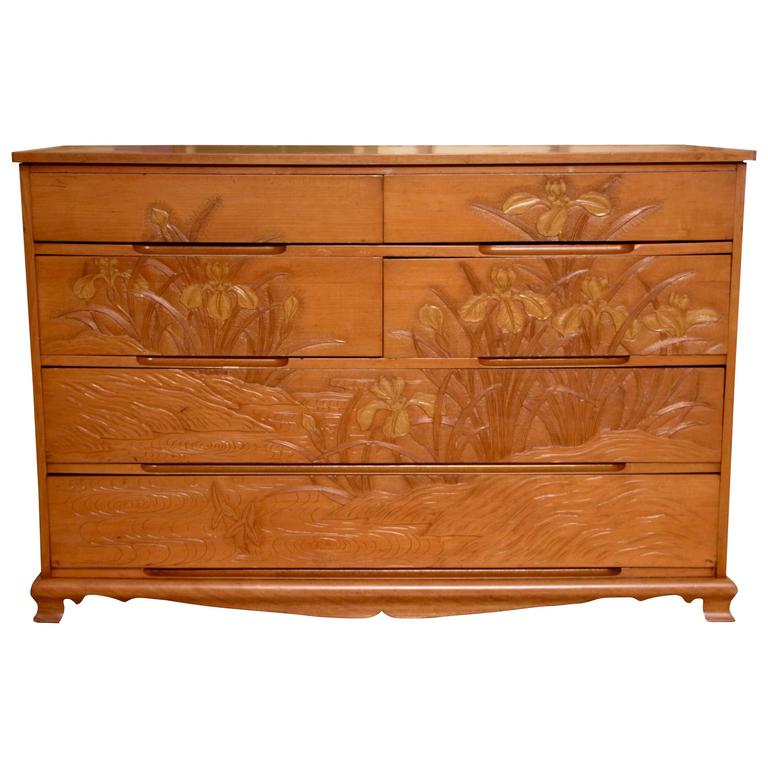Most Unusual Carved Maple Japanese Chest with Floral Motif For Sale at 1stdibs