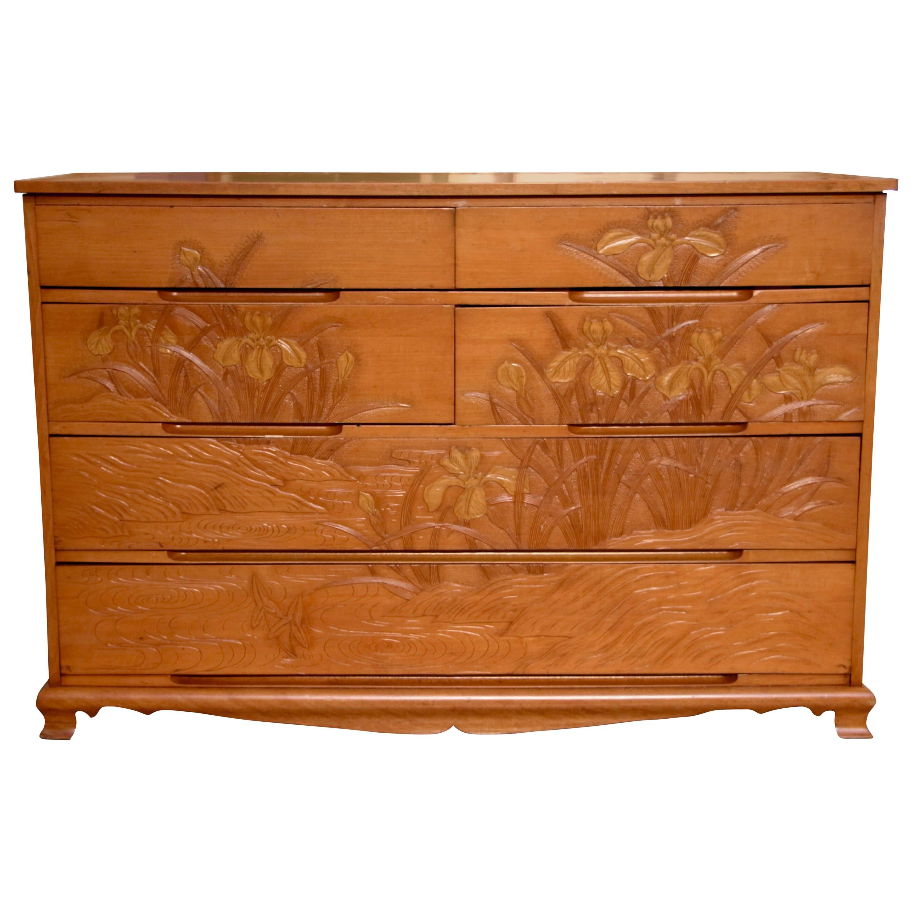 Most Unusual Carved Maple Japanese Chest with Floral Motif