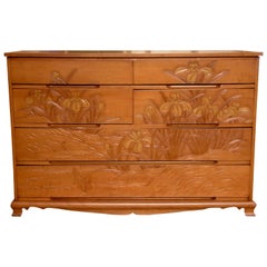 Vintage Most Unusual Carved Maple Japanese Chest with Floral Motif