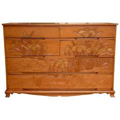 Most Unusual Carved Maple Japanese Chest with Floral Motif 11
