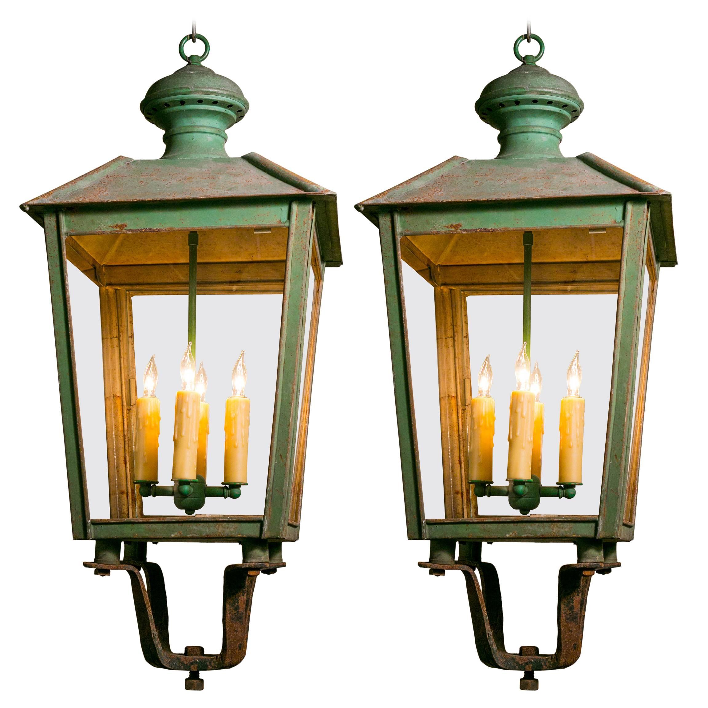 Pair of Vintage FrenchTole Lanterns with Glass Panels