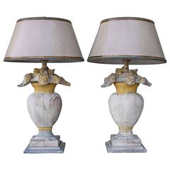 Pair of Italian Painted Floral Urn Lamps w/ Custom Shades