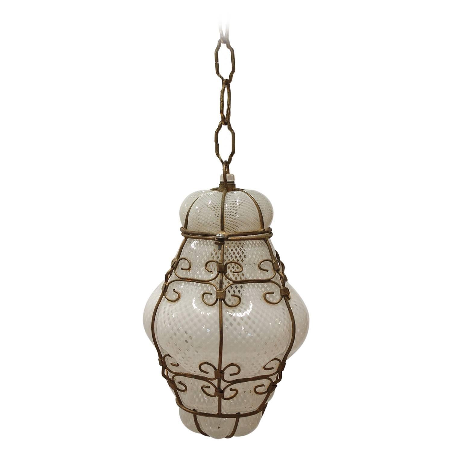 Vintage Seguso Murano White Glass Cage Pendant Light, 2 available For Sale