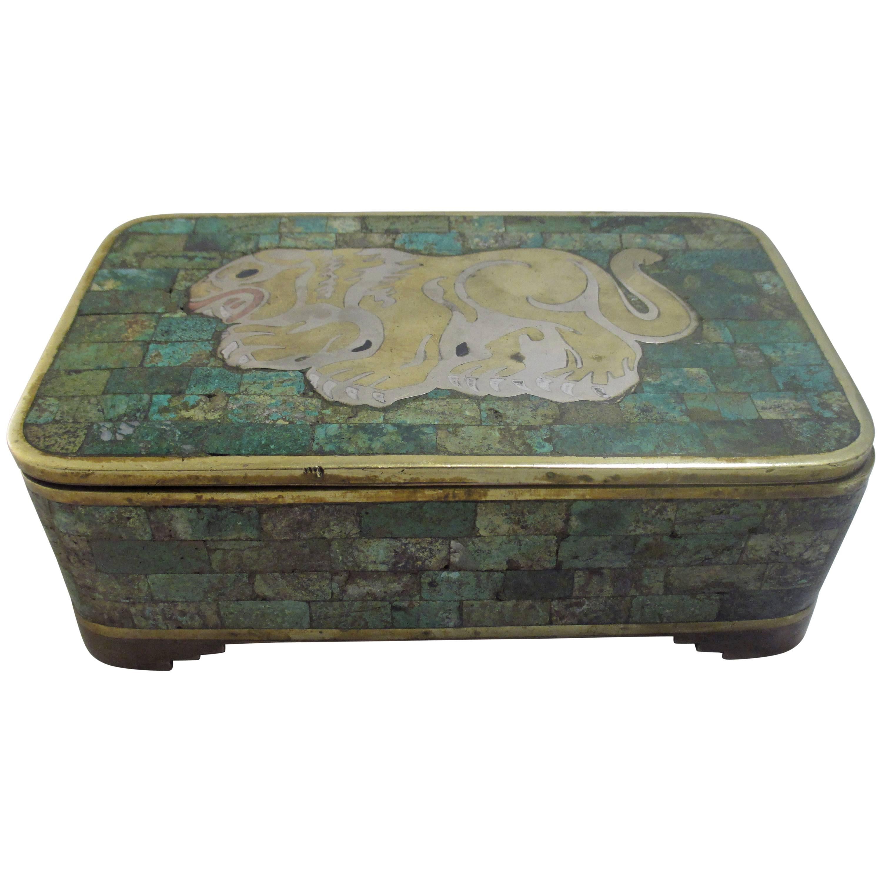 Jewelry Box in Married Metals with Inlaid Turquoise Attr. Los Castillo late 50s