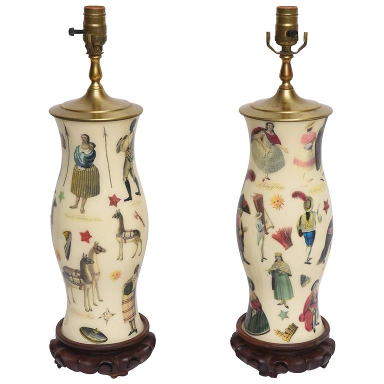 Pair of Vintage Decoupage Lamps with Spanish Colonial Theme at 1stdibs