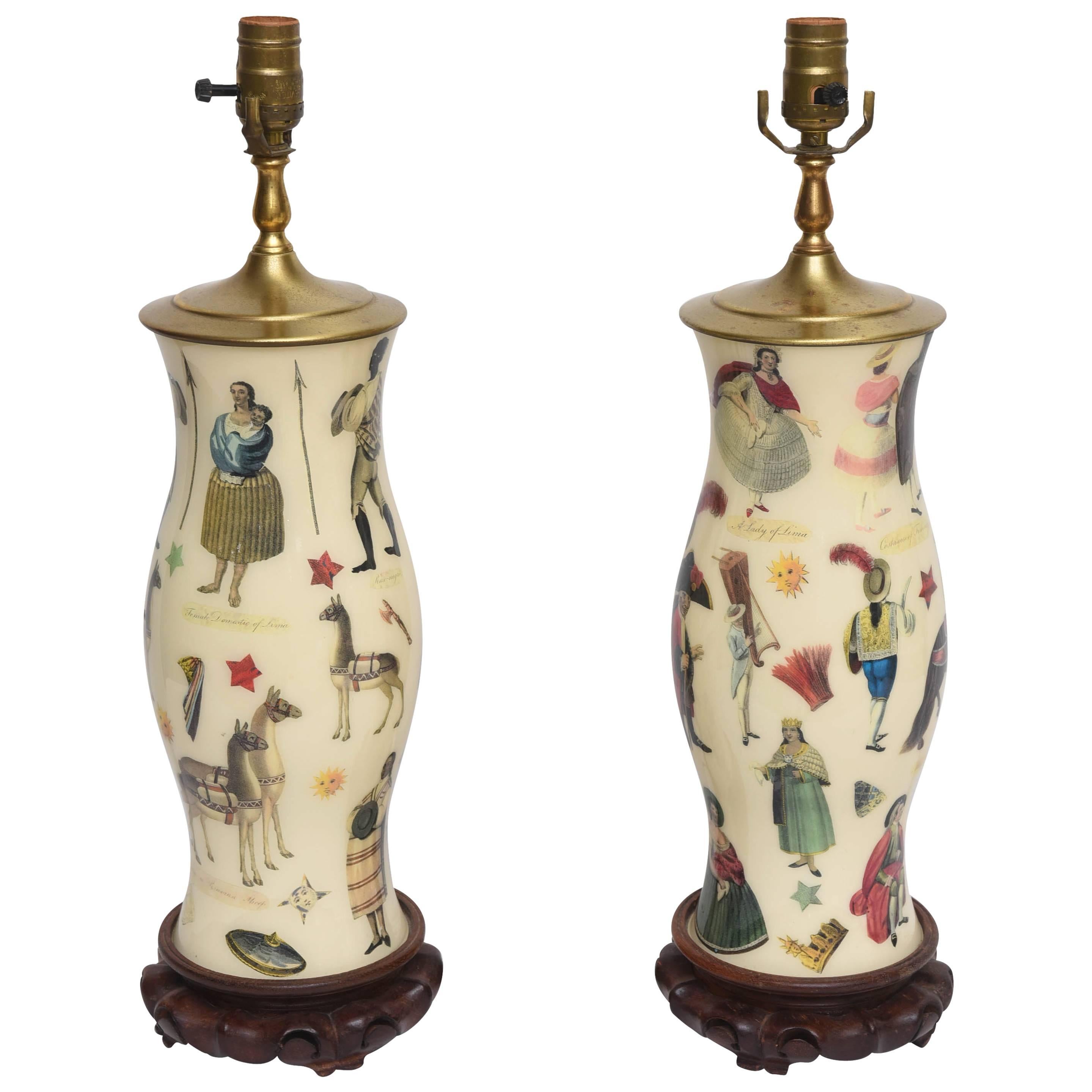 Pair of Vintage Decoupage Lamps with Spanish Colonial Theme