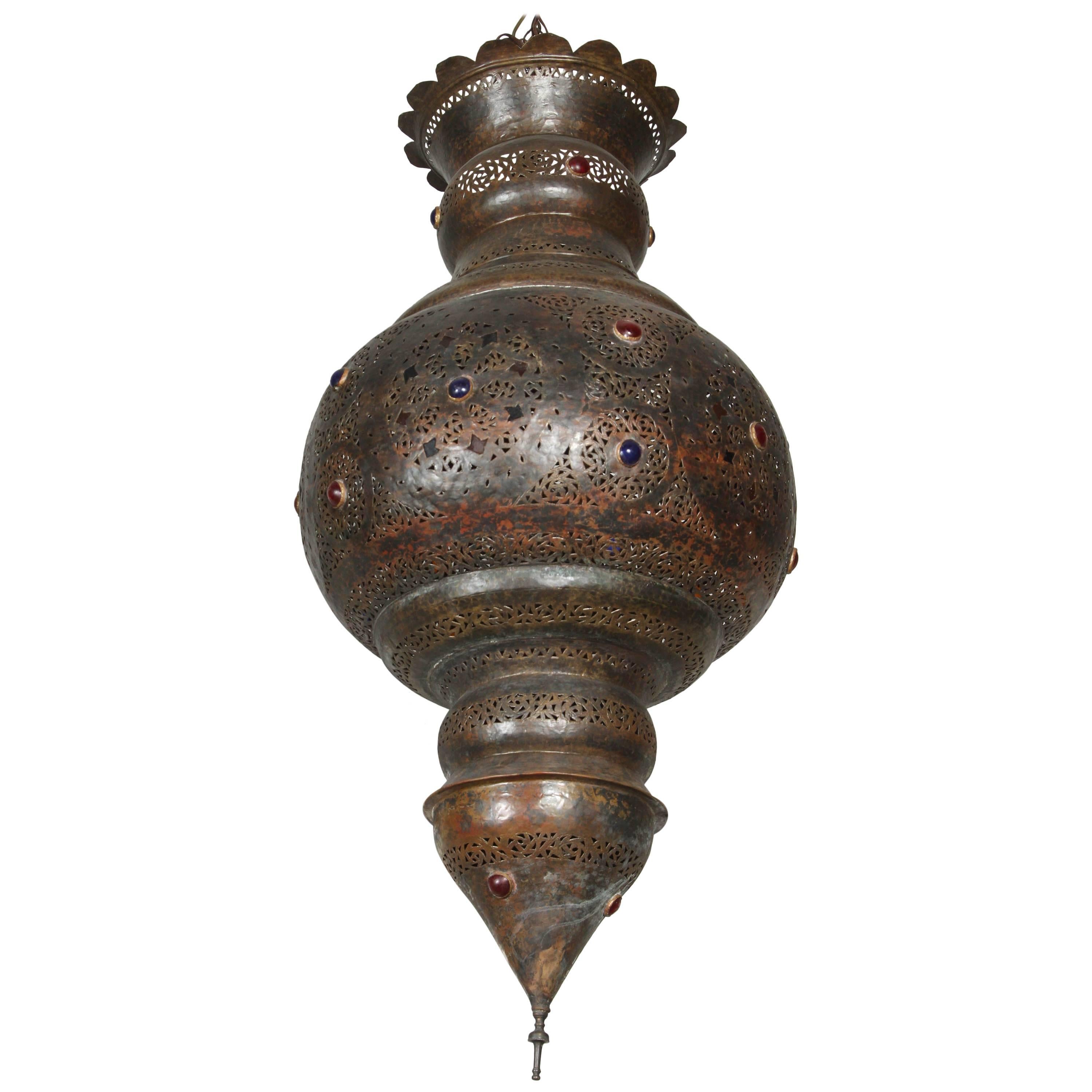 Grand lustre mauresque ancien en bronze marocain