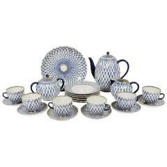 Vintage Russian Imperial Lomonosov Cobalt Net Porcelain Coffee Service for Six