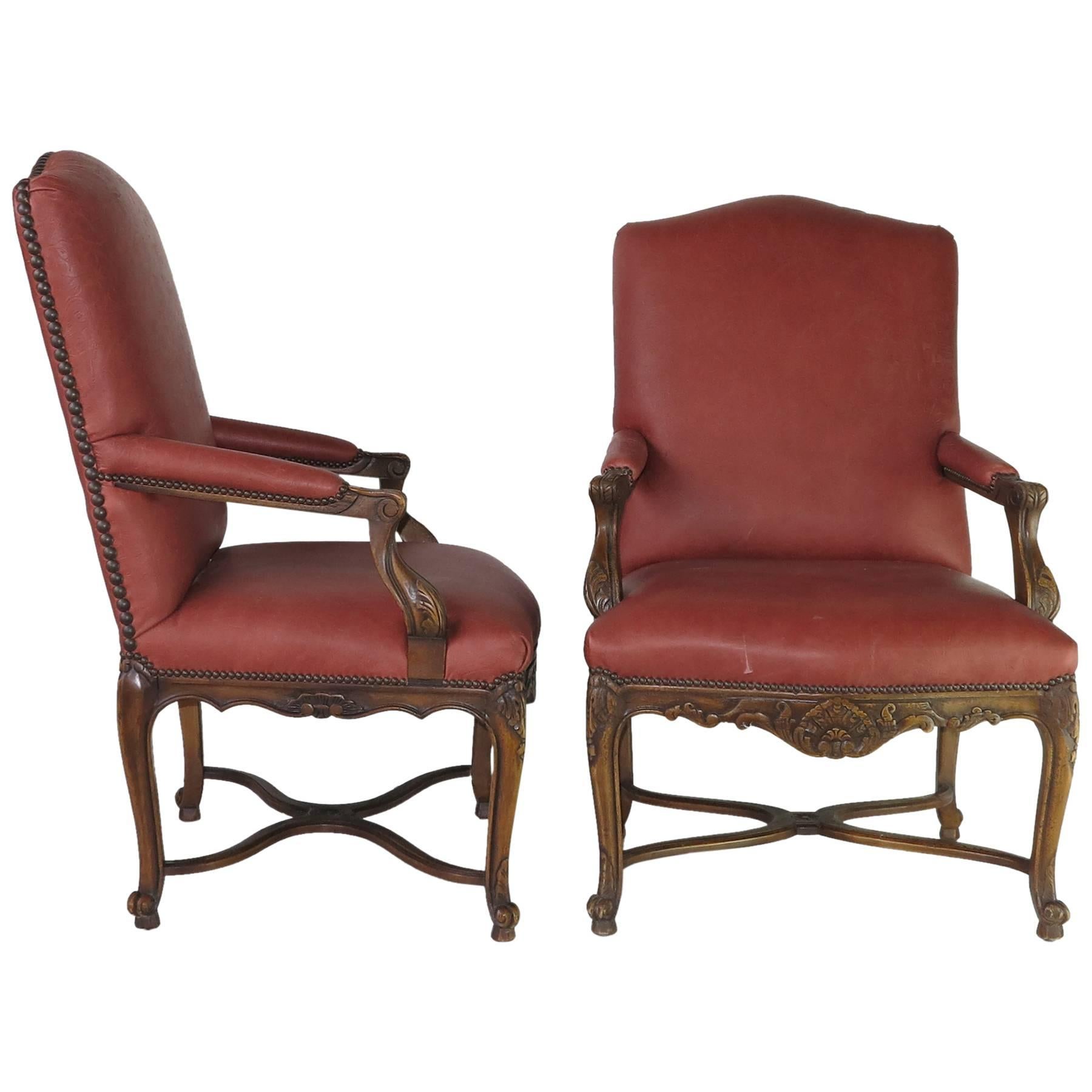 Vintage  Embossed Red  Louis xiv style  Arm Chairs