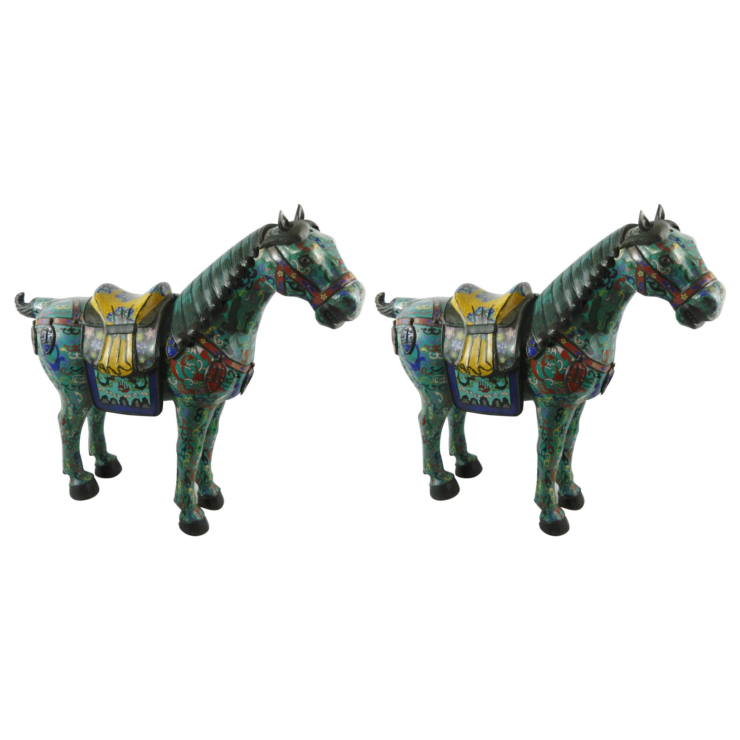 Pair of Chinese Cloisonne Horse Sculptures with Saddles, 20th Century