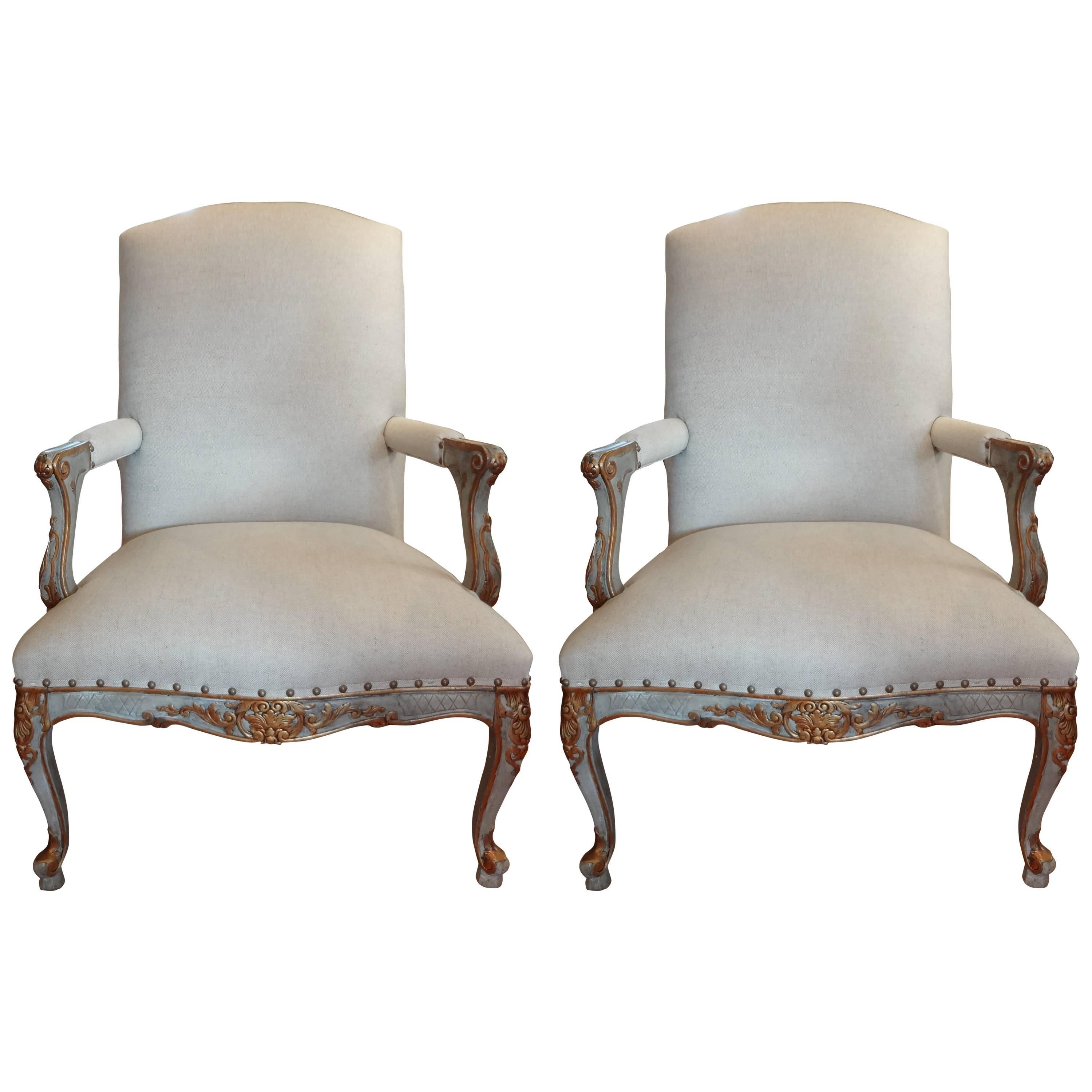 Large Pair Of Antique French Louis XV Style Painted And Gilt Chairs