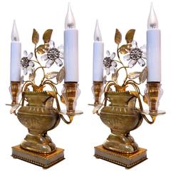 Maison Baguès Charming Pair of Gold Table Lamps with Leaf and Flower Crystal