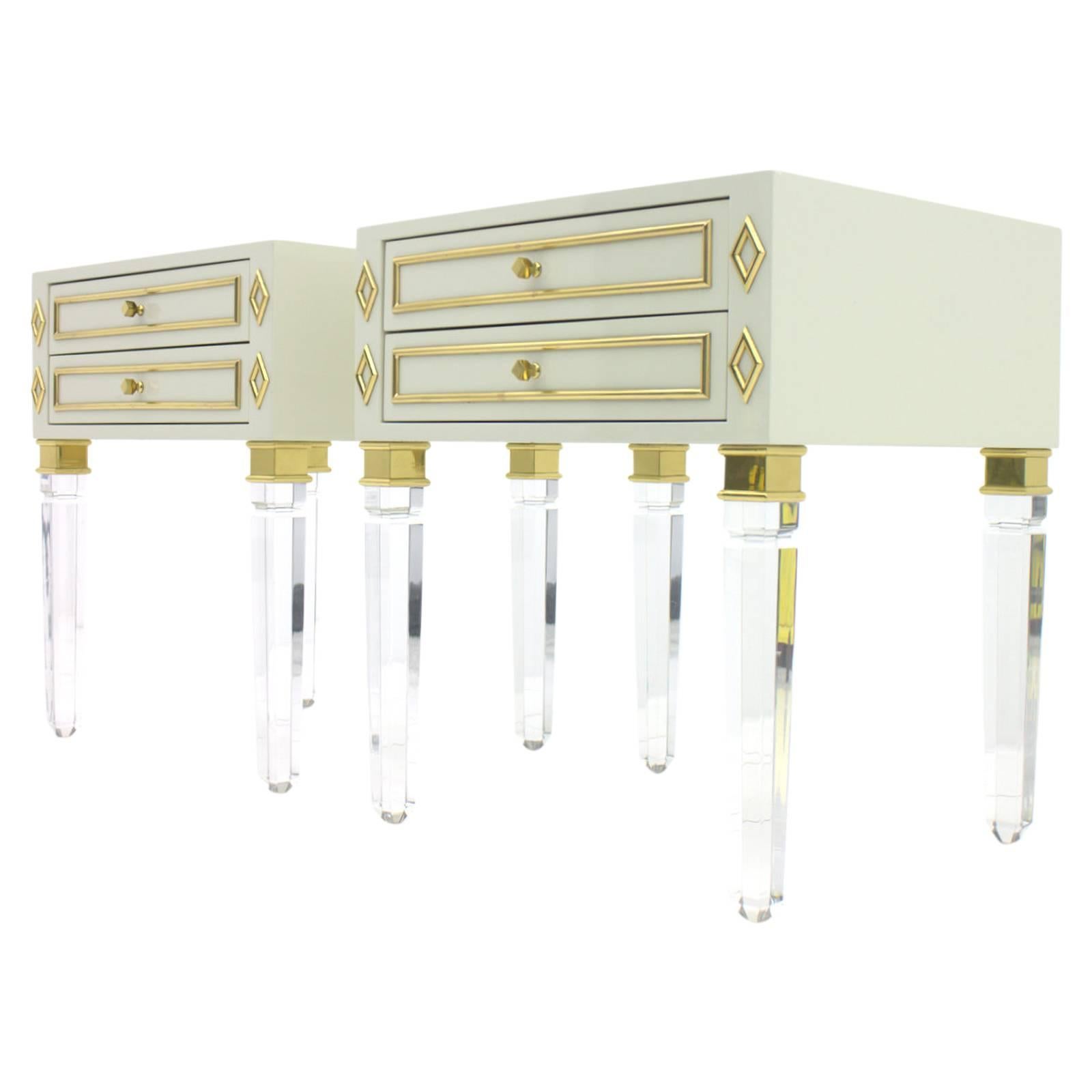 Pair of Nightstands, Lucite, Wood and Brass, 1970s