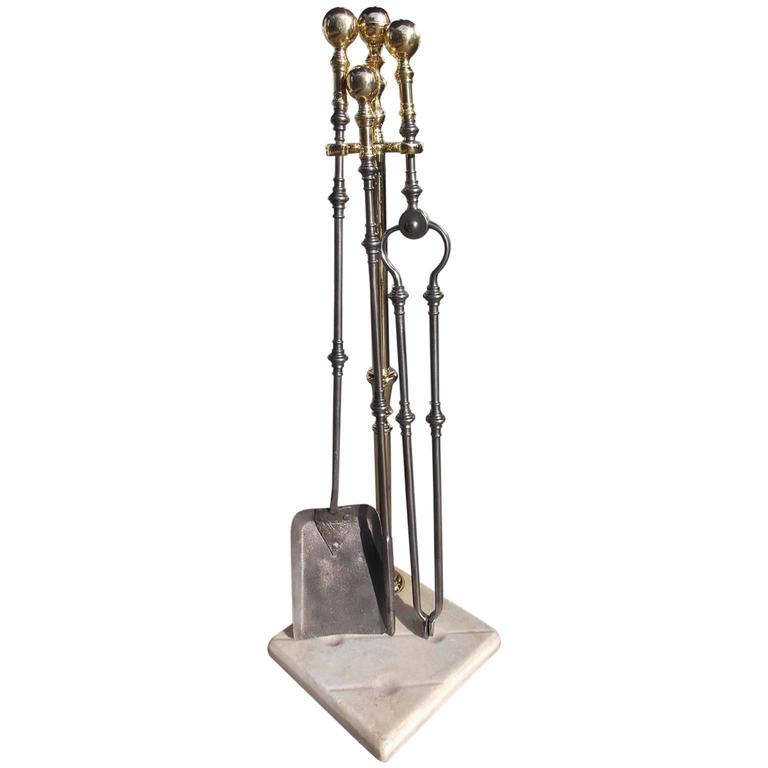 Set of American Brass and Steel Fire Tools on Marble Stand, Boston