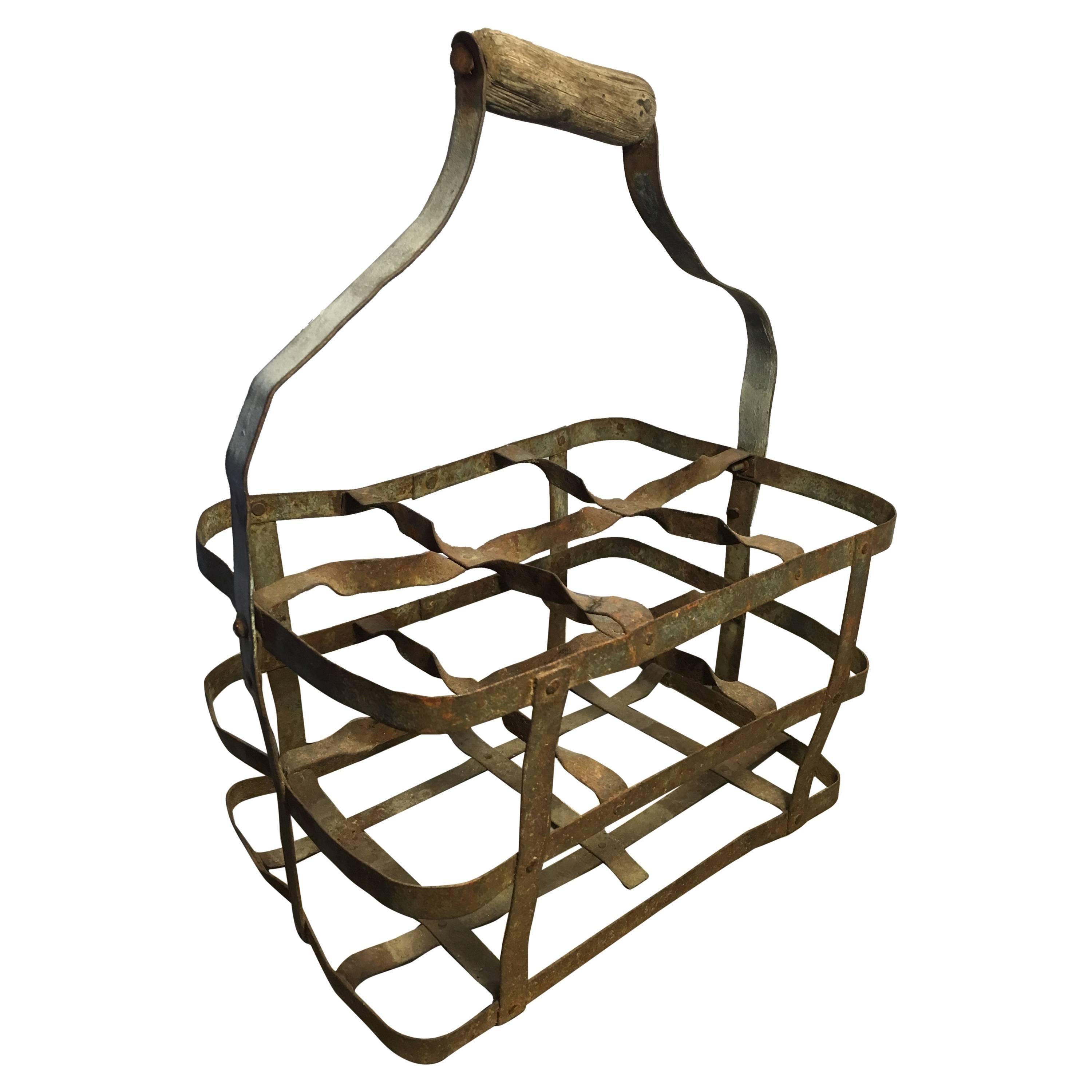 Early 20th Century Vintage French Six-Bottle Wine Carrier Basket