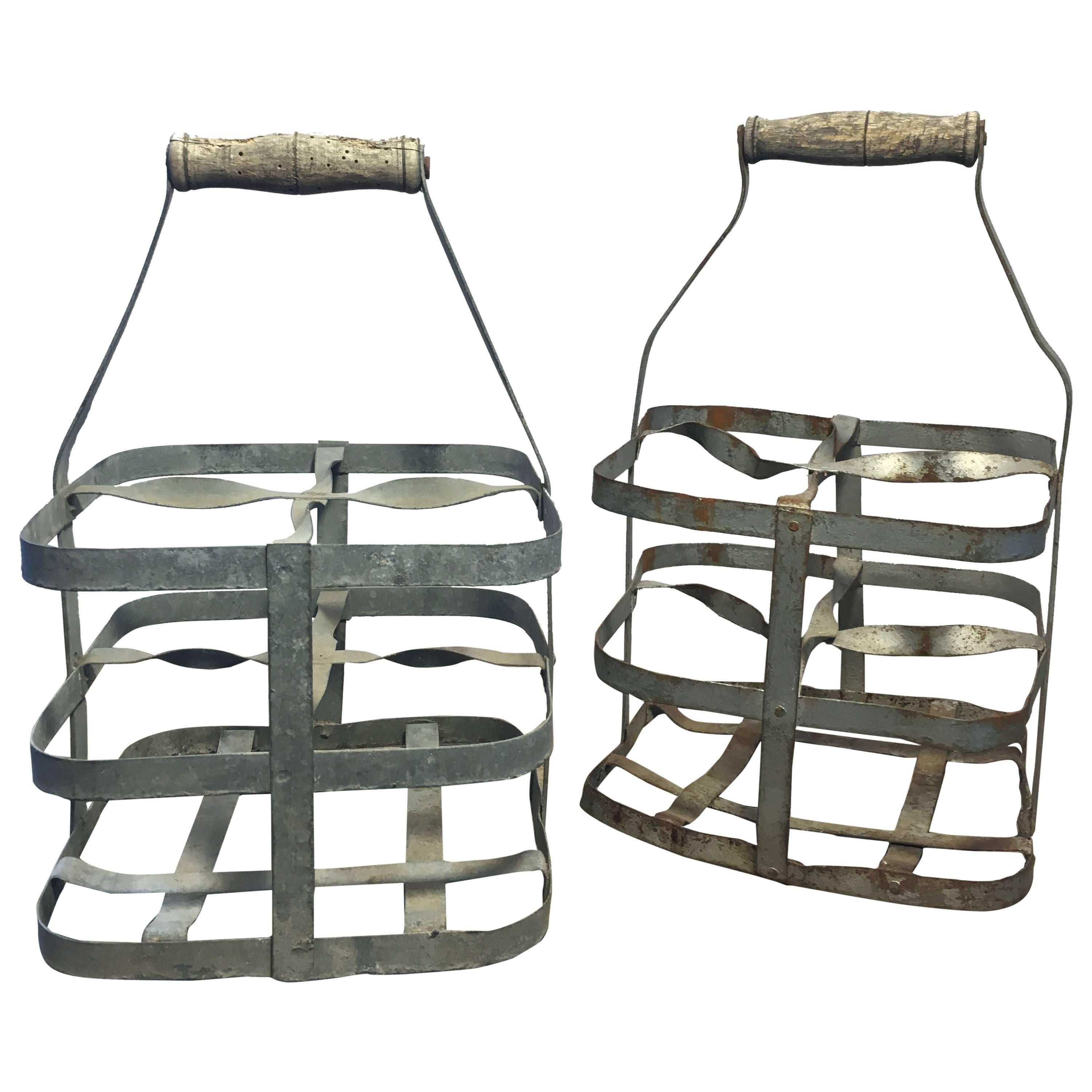 Early 20th Century Vintage French Four-Bottle Wine Carrier Baskets For Sale