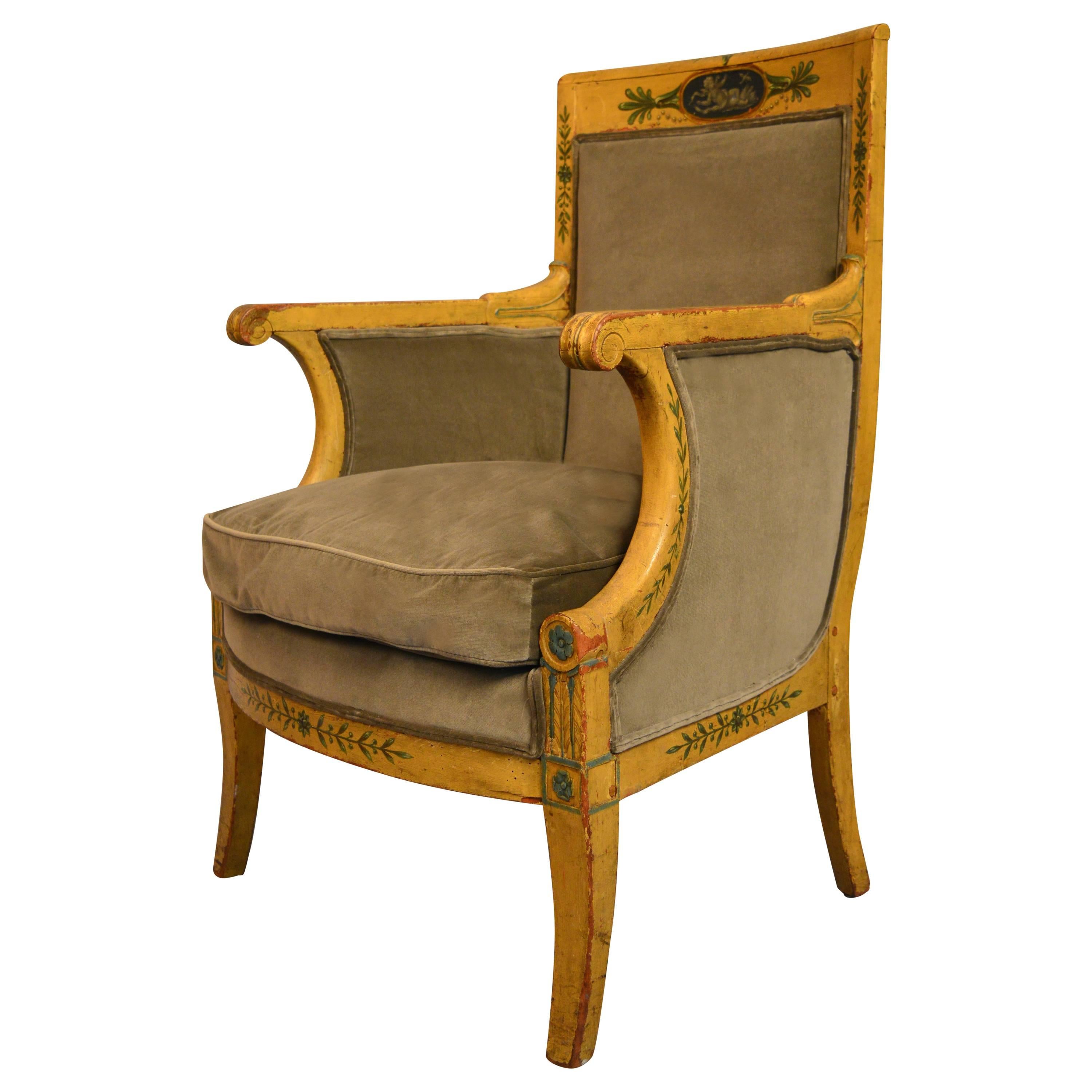 Austrian Bergere Armchair Circa 1820 Painted with Classical Intaglios For Sale