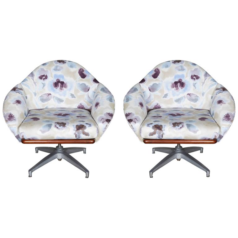 Pair of Floral Upholstered Swivel Base Chairs For Sale at 1stDibs