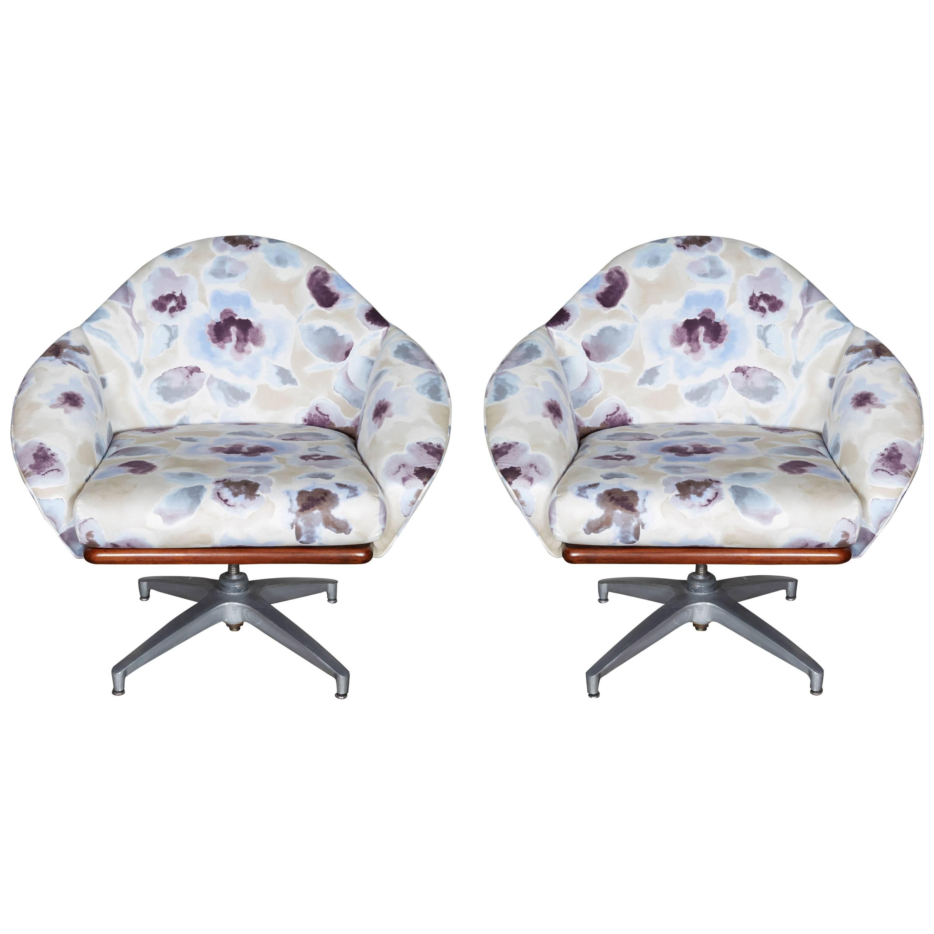 Pair of Floral Upholstered Swivel Base Chairs For Sale