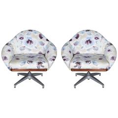 Pair of Floral Upholstered Swivel Base Chairs