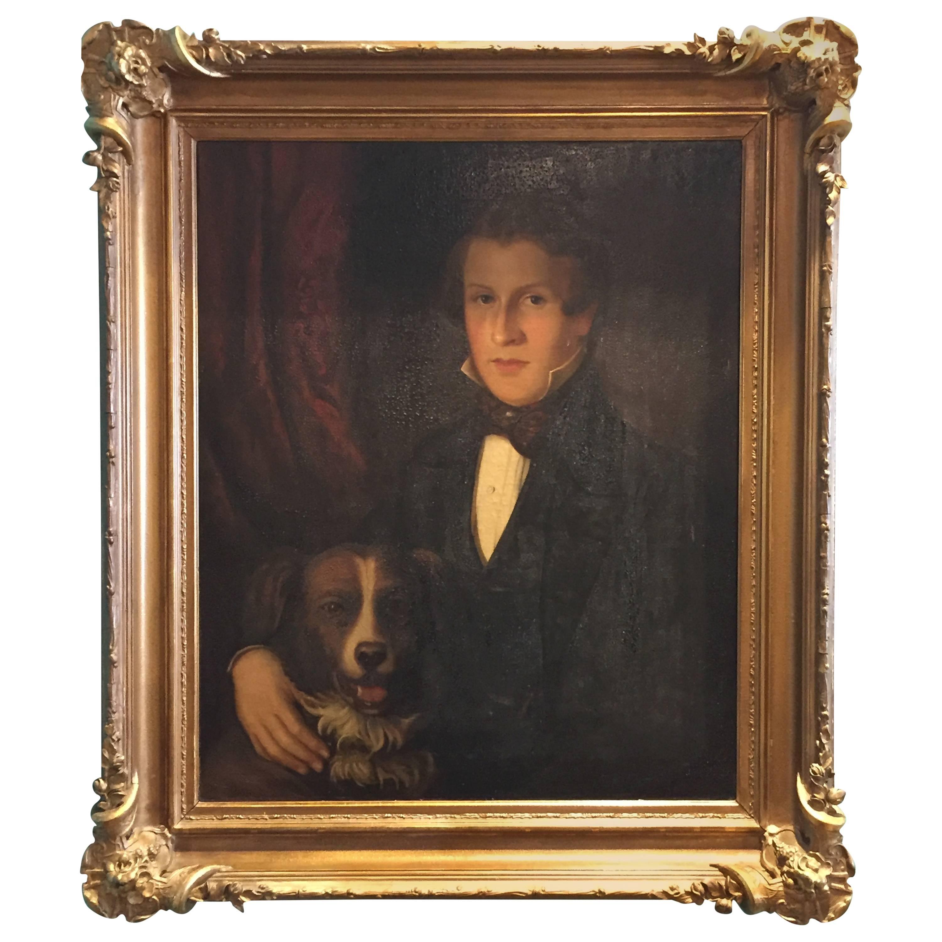 American Oil on Canvas Painting in Original Frame of a Gentleman with Dog