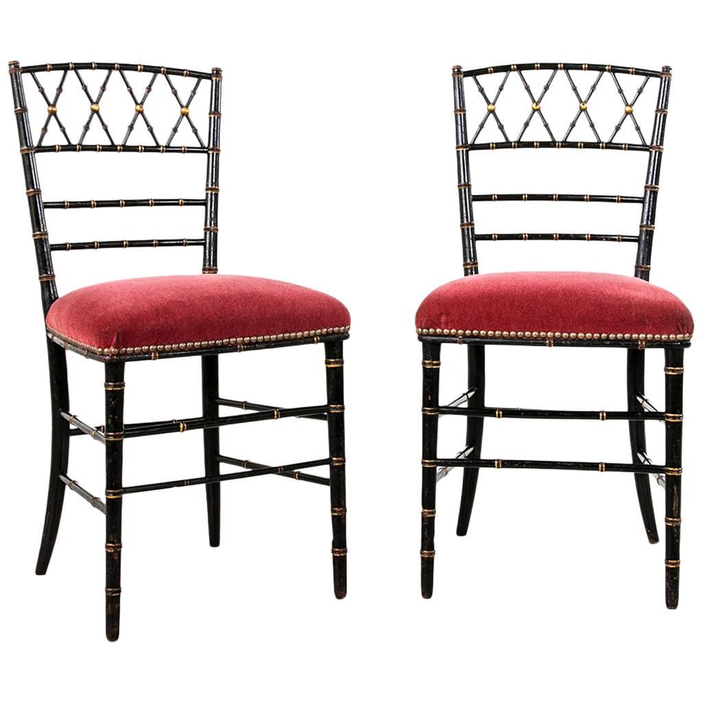 Petite Pair of Napoleon III Period Black Lacquer and Gilt Faux Bamboo Chairs