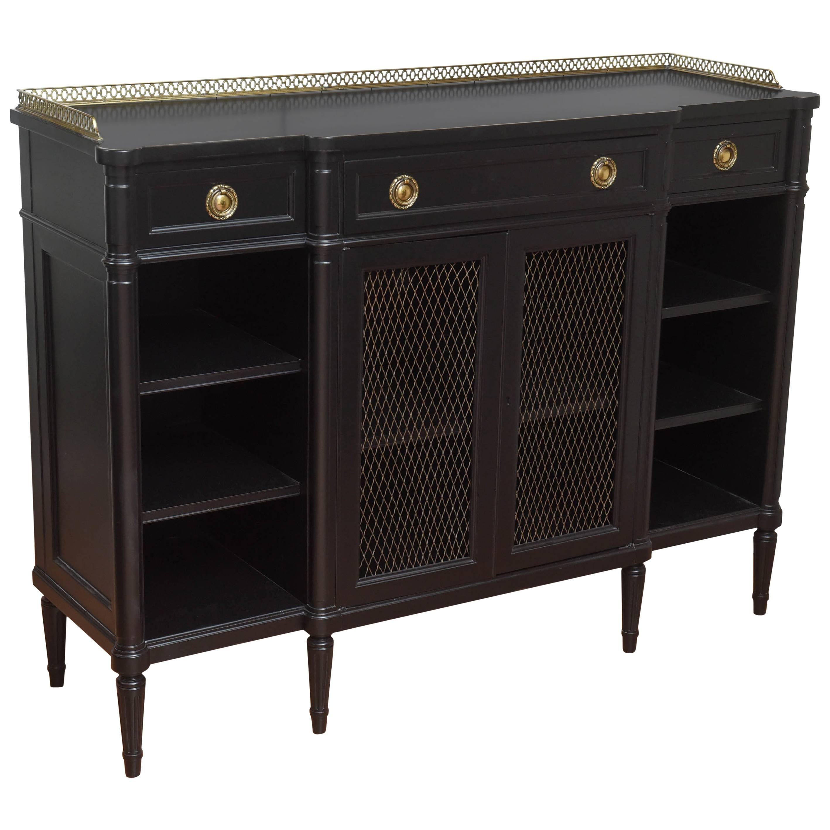 Directoire Style Black Lacquered Cabinet with Brass Pulls and Gallery