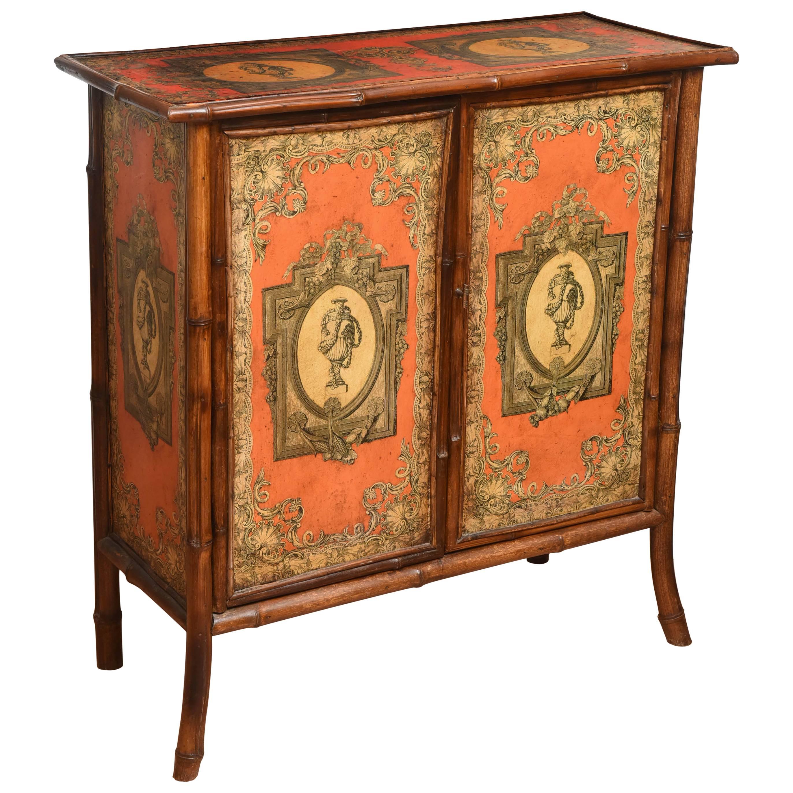 Antique Bamboo Cabinet with Decoupage Décor