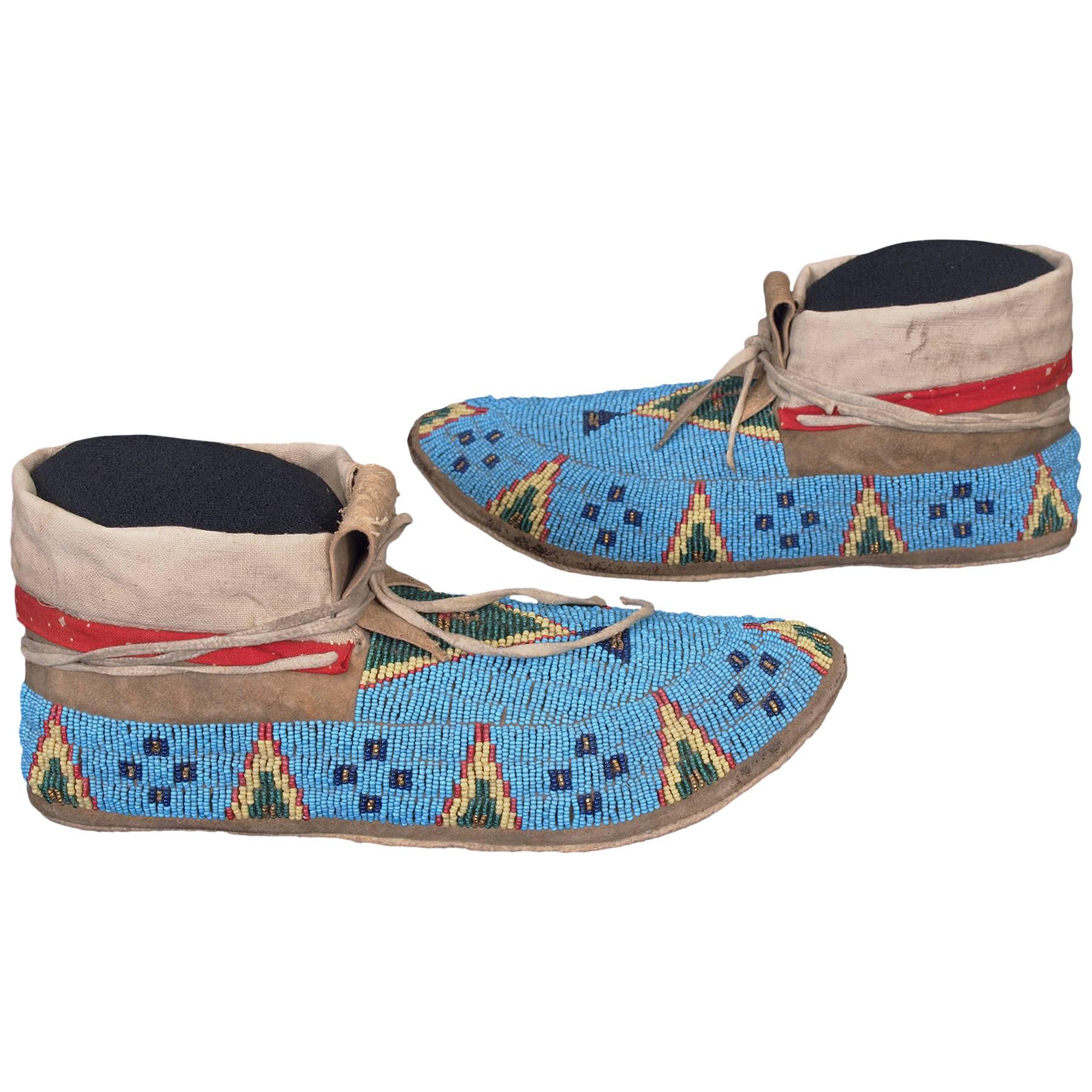 Antique Native American Indian Beaded Moccasins, Sioux, Late 19th Century