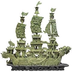 Chinese Carved Serpentine Dragon Ship