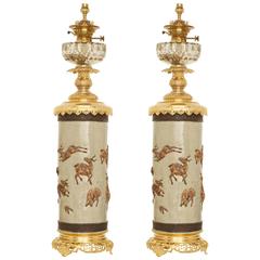 Antique Pair of Bronze Lamps Rises Are on a Vase of Nankin