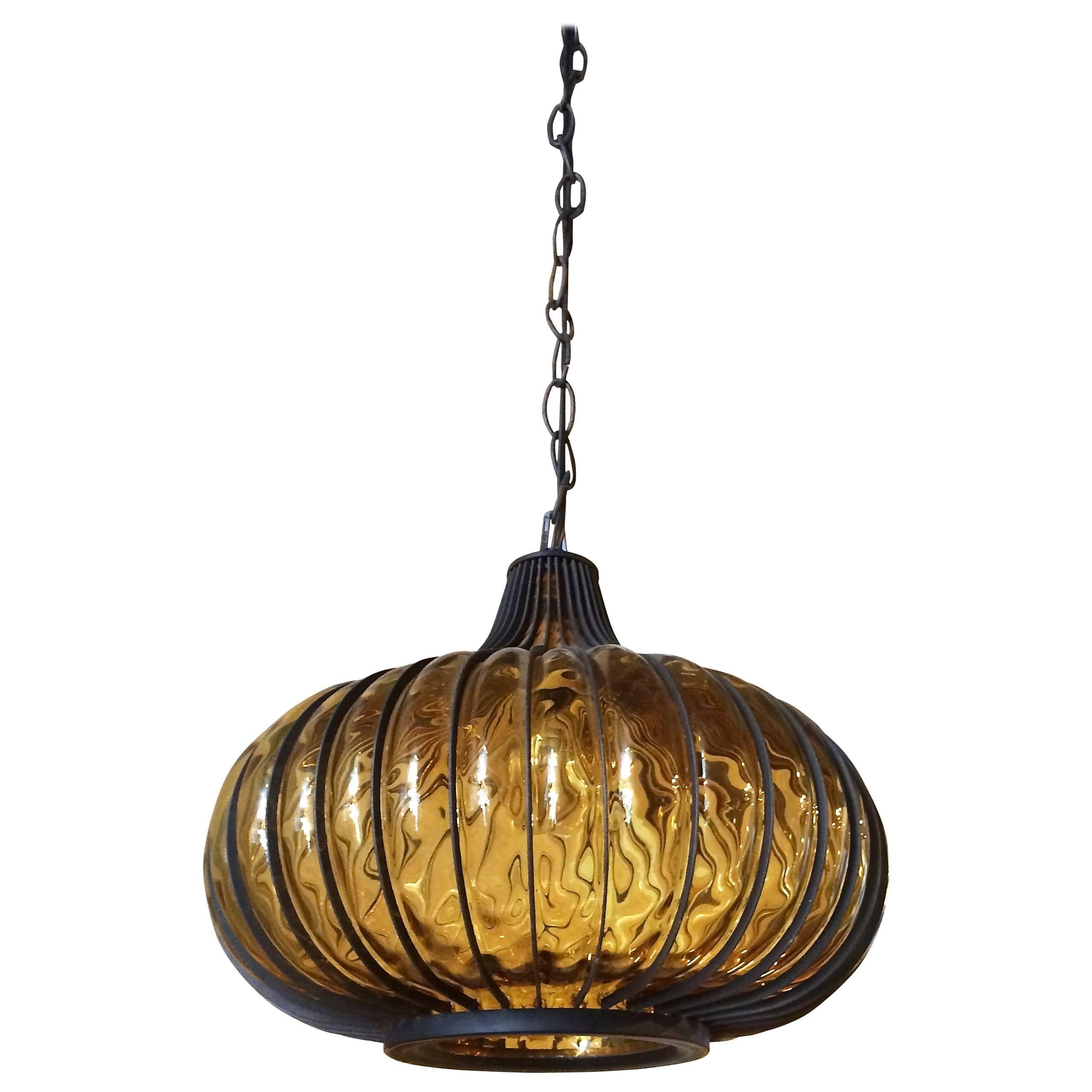 Hollywood Regency Amber Glass Pendant Light
