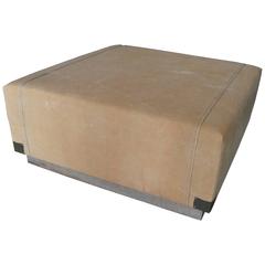 Ottoman of Taupe Canvas Mounted on Barn Wood Frame with Canvas Corners