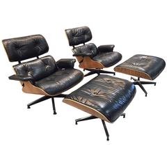 Pair of Vintage Herman Miller Rosewood and Black Leather Eames Lounge Chairs