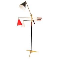 Early Triennale Tripod Floor Brass Lamp Brown Leather Italy 1950s Gino Sarfatti