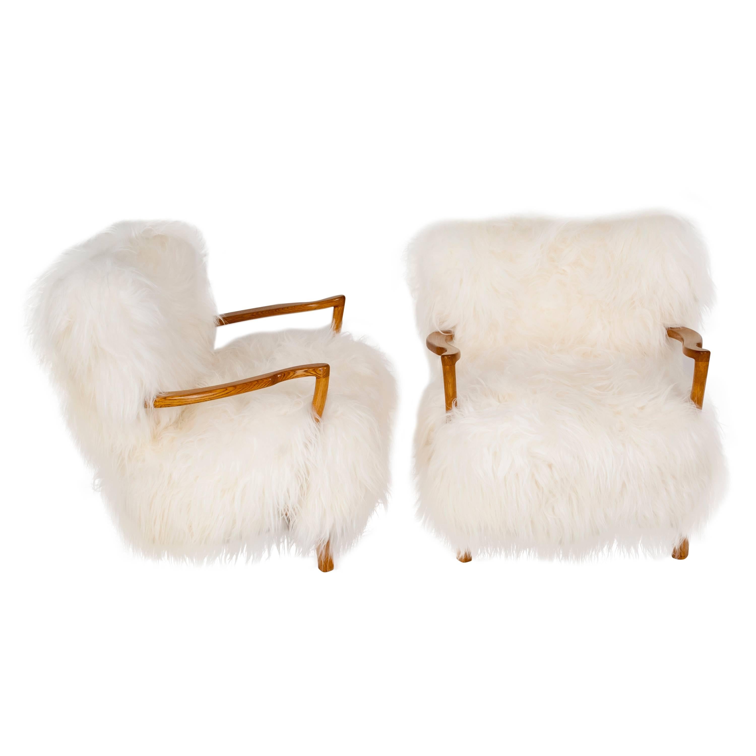 Fritz Schlegel (attributed) Pair of Easy Chairs in sheepskin and oak For Sale