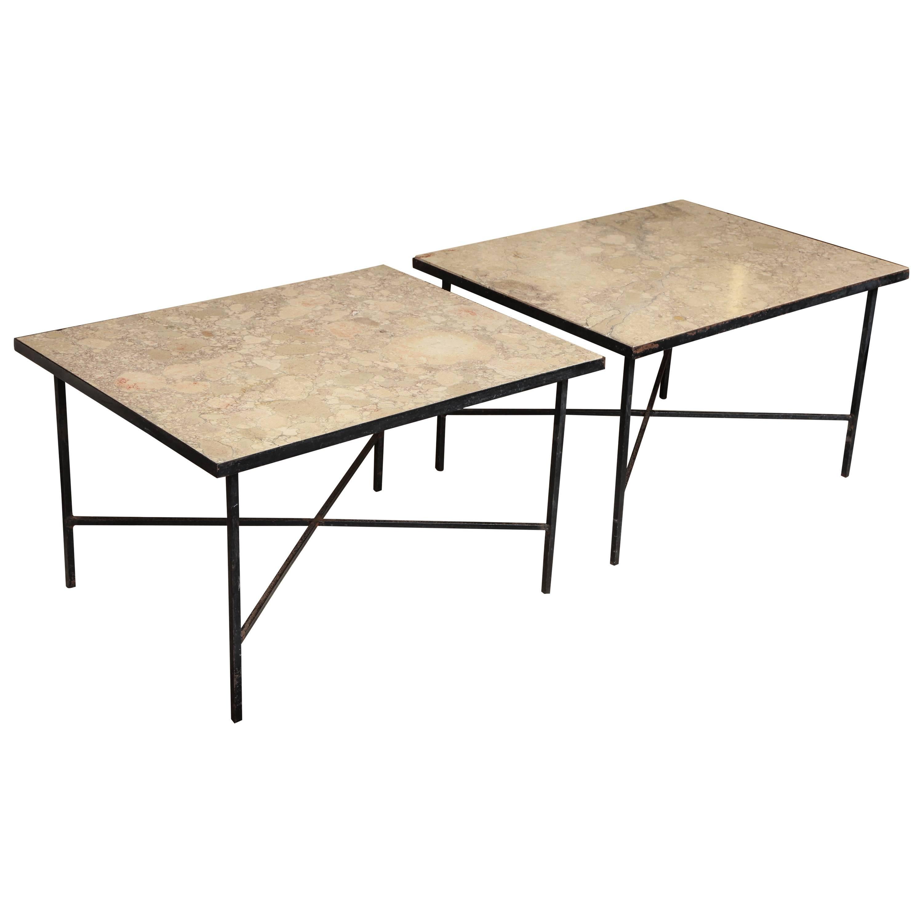 Pair of Large Marble and Iron Tables, circa 1960 For Sale