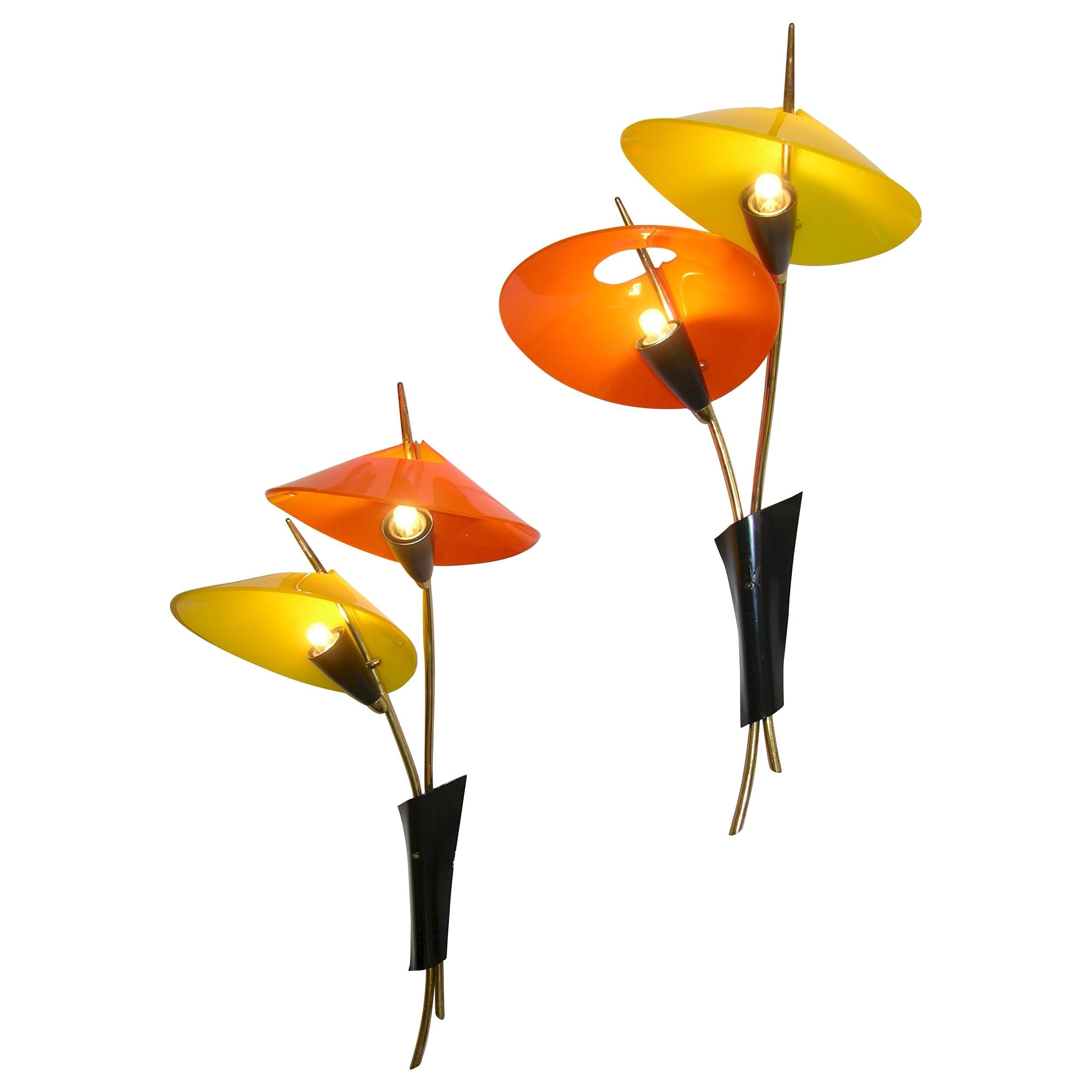 1950s Italian Pair of Whimsical Orange and Yellow Sconces