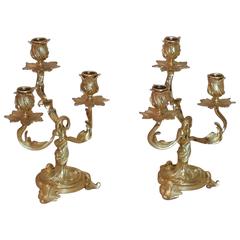 Pair of 19th C. French Ormolu 3 Branch Rococo Candelabras