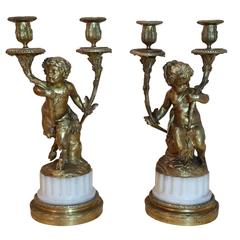 An Excellent Pair of 19th C. Ormolu and Marble 2 Branched Figural Candelabras 