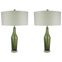 Green Murano Pin Striped Table Lamps