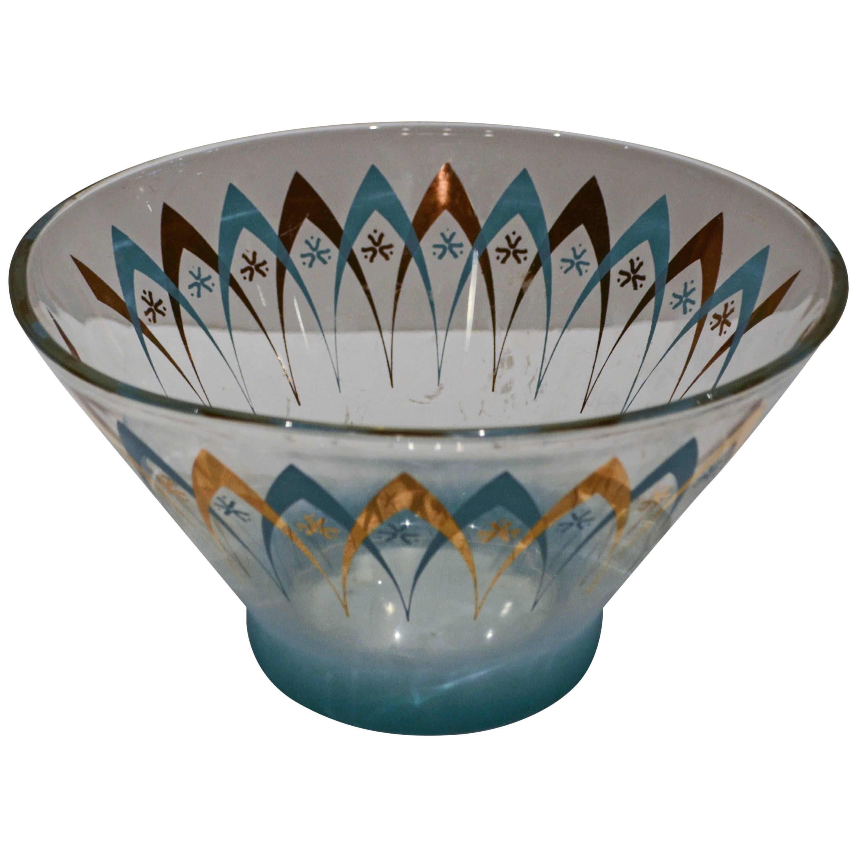Mid-century Glass Punch Bowl with Curved Metallic Motif