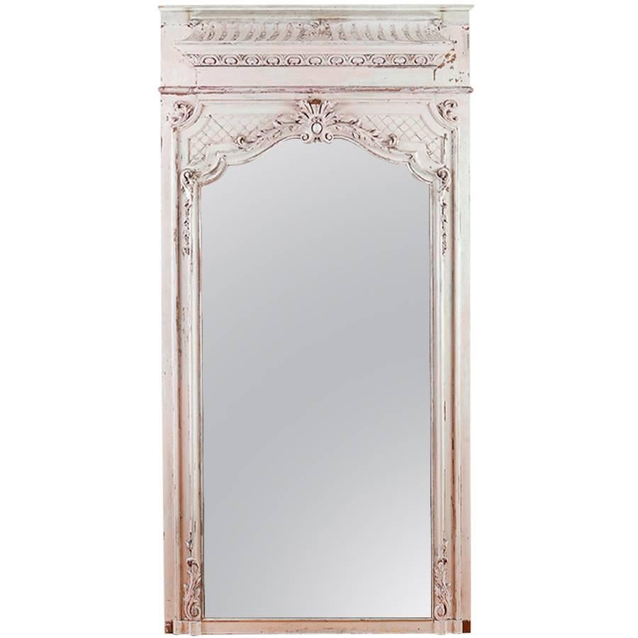 French Trumeau Mirror in Carved and Painted Wood, circa 1880