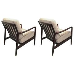 Arne Vodder Pair of Lounge Chairs with Tapered Gold Metal End Leg, Newly Covered