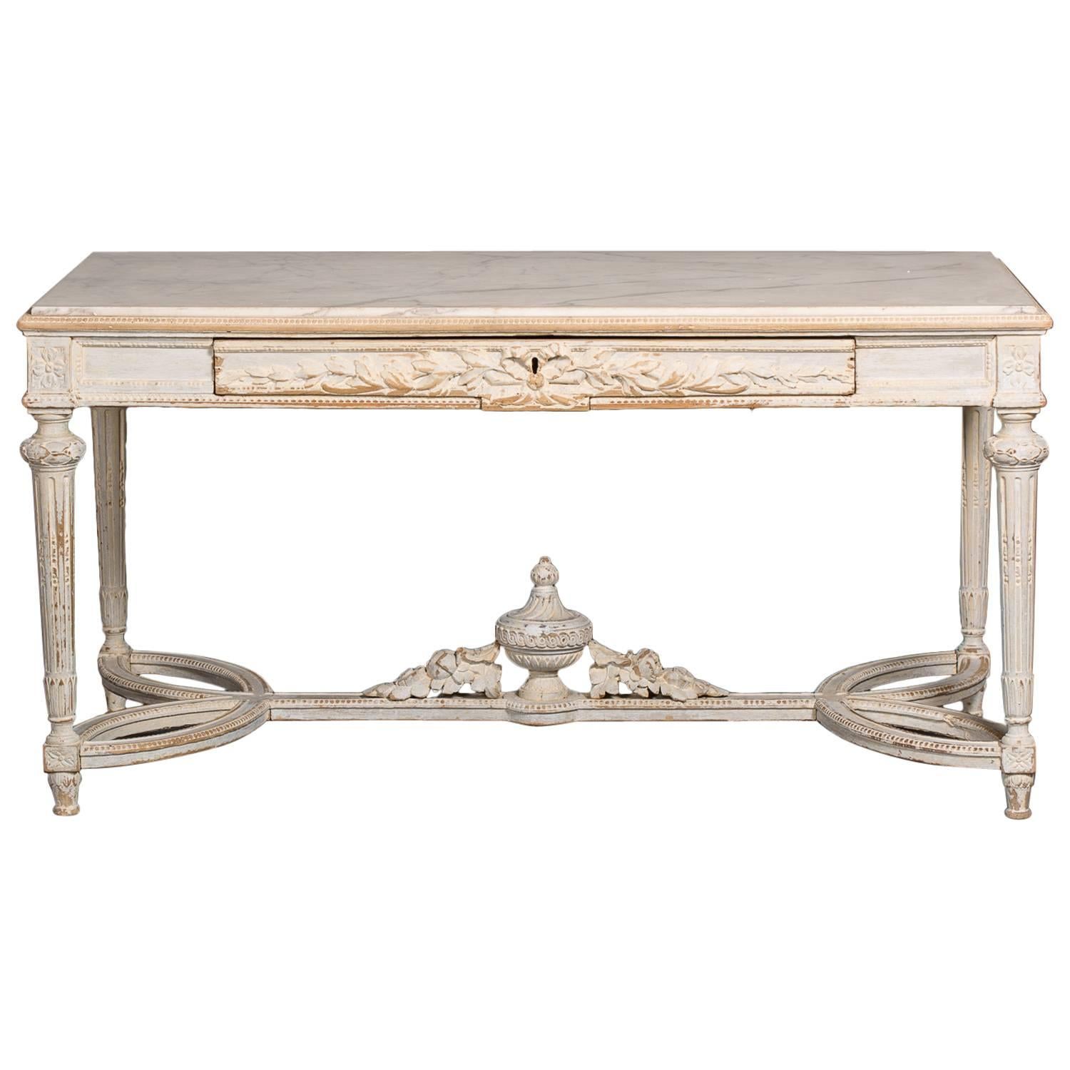 French Marble and Wood Center Table For Sale
