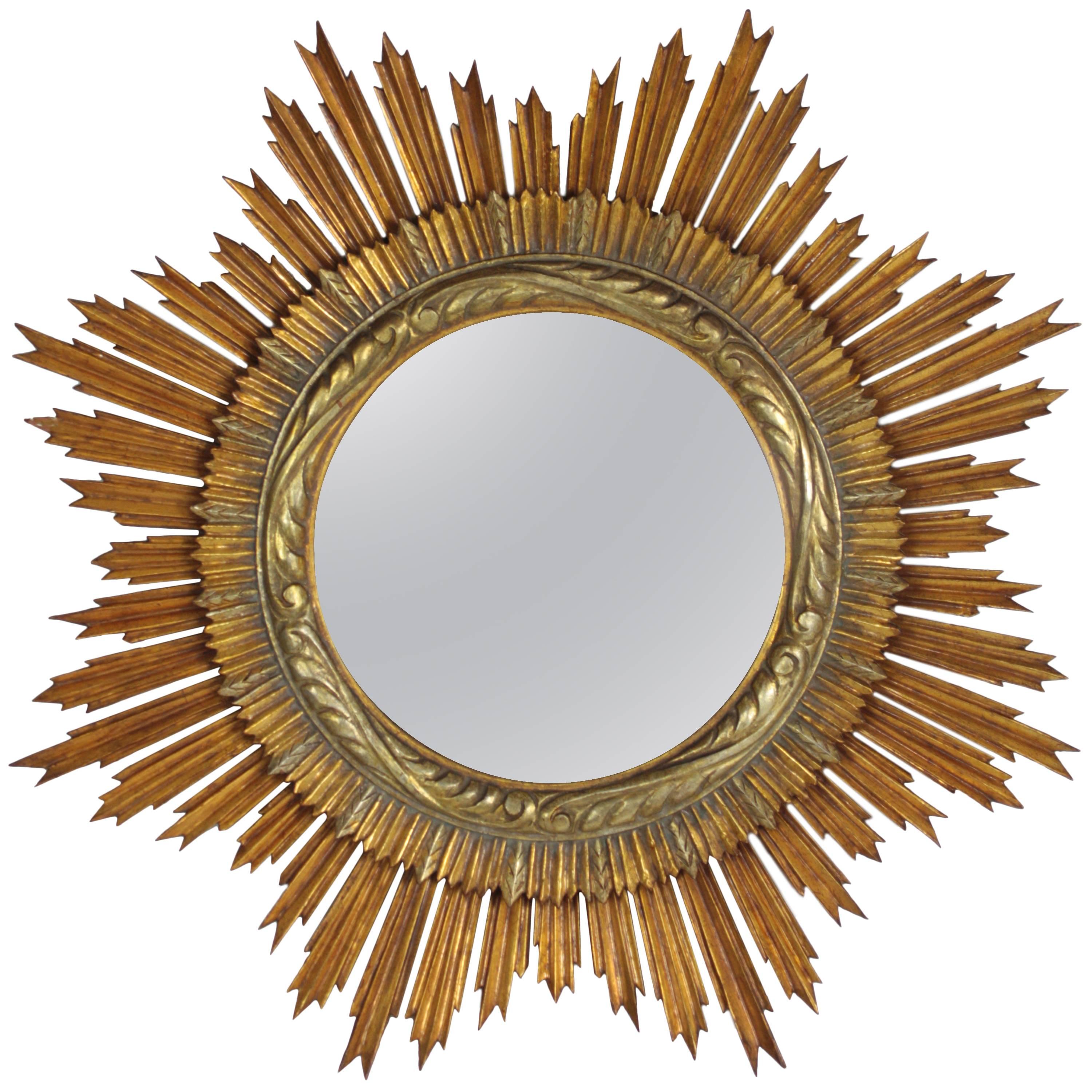 Amazing Spanish Giltwood Sunburst Convex Mirror, circa 1890