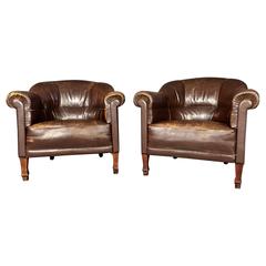 Early Pair of Art Nouveau Leather Club Chairs, Otto Schultz, Sweden, 1915