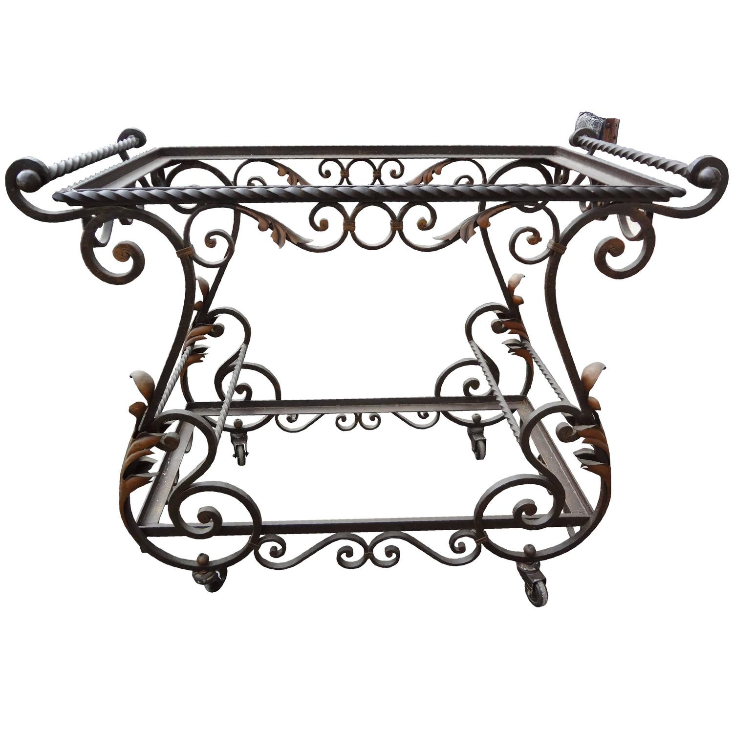 French Wrought Iron Serving Cart with Glass Shelves For Sale at 1stdibs