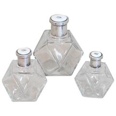 Set of Three Graduated Art Deco Silver, Enamel and Glass Scent Bottles 